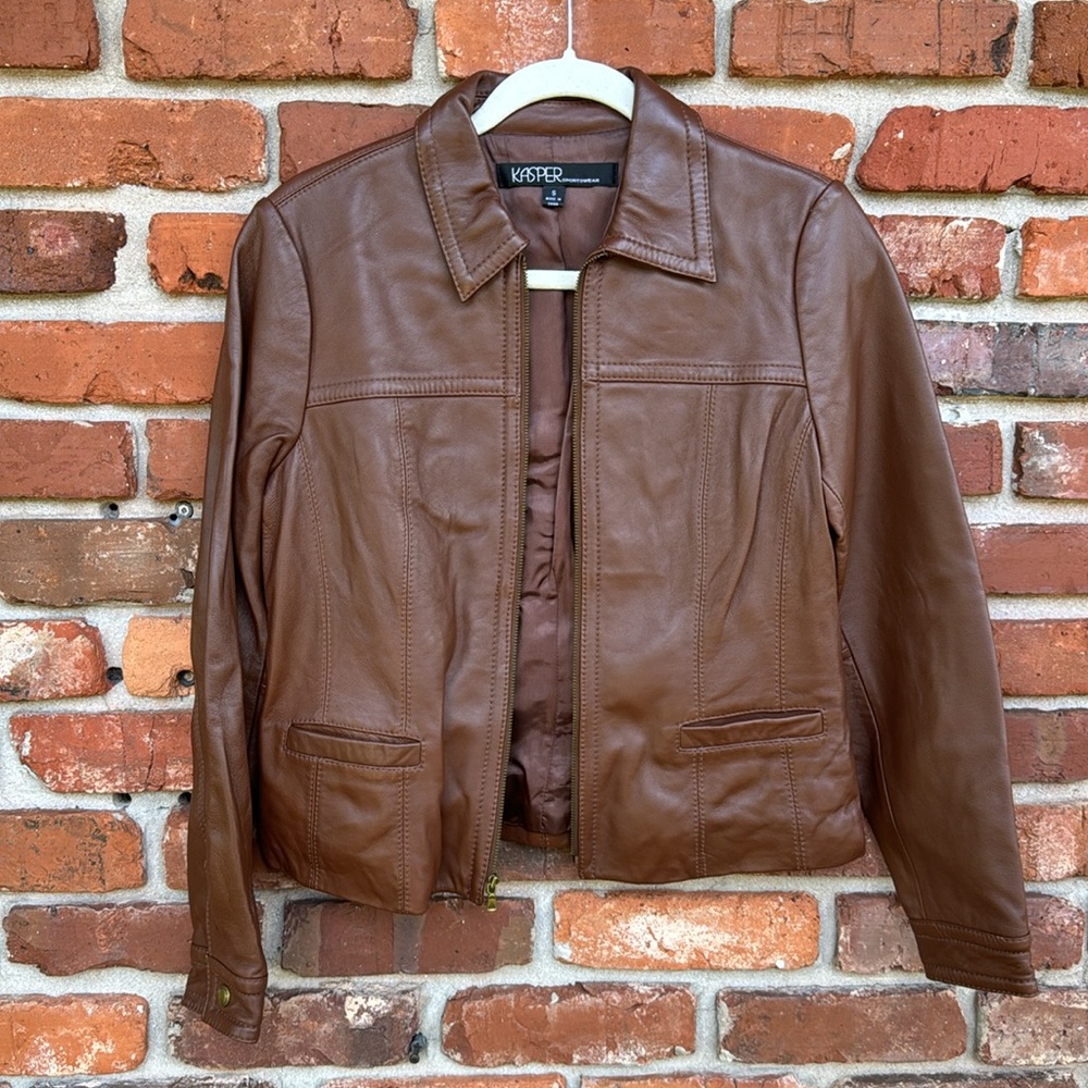 Kasper Leather Brown Soft Collared Lined Pockets Zip Up Jacket S